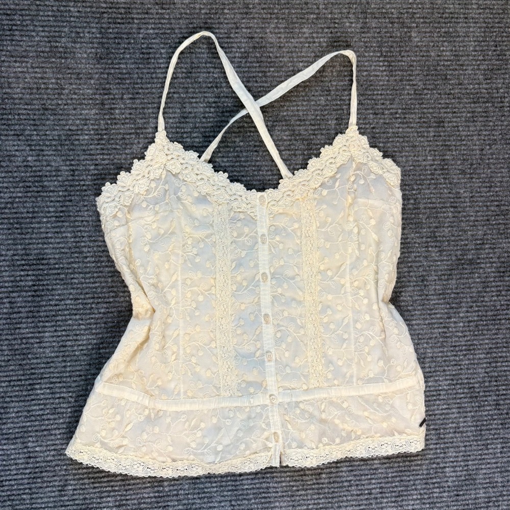 Hollister Lace Cami Tank Top Womens L Cream Sheer Coquette Y2K Button Front